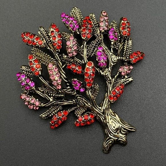 Yellow Gold with Ruby and Pink Sapphire Crystal Blooming Tree Pin Back Brooch - Picture 2 of 9